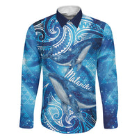 New Zealand Humpback Whale Matariki Family Matching Long Sleeve Bodycon Dress and Hawaiian Shirt Maori New Year Taniko Niho Taniwha LT14 Dad's Shirt - Long Sleeve Blue - Polynesian Pride