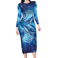 New Zealand Humpback Whale Matariki Family Matching Long Sleeve Bodycon Dress and Hawaiian Shirt Maori New Year Taniko Niho Taniwha LT14 Mom's Dress Blue - Polynesian Pride