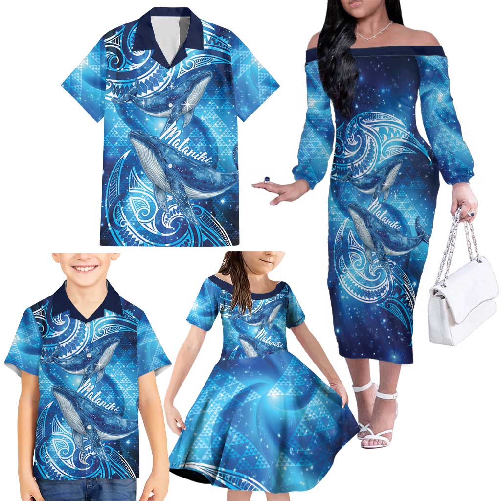 New Zealand Humpback Whale Matariki Family Matching Off The Shoulder Long Sleeve Dress and Hawaiian Shirt Maori New Year Taniko Niho Taniwha