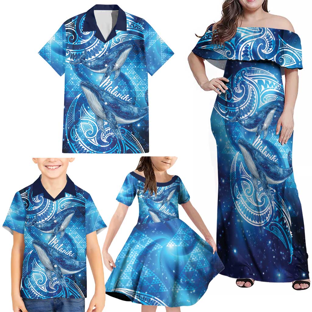 New Zealand Humpback Whale Matariki Family Matching Off Shoulder Maxi Dress and Hawaiian Shirt Maori New Year Taniko Niho Taniwha