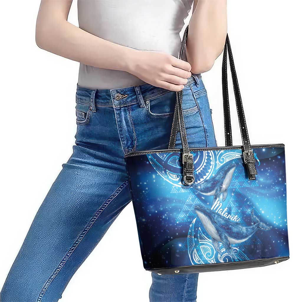 New Zealand Humpback Whale Matariki Leather Tote Bag Maori New Year Taniko Niho Taniwha