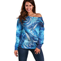 New Zealand Humpback Whale Matariki Off Shoulder Sweater Maori New Year Taniko Niho Taniwha LT14 Women Blue - Polynesian Pride