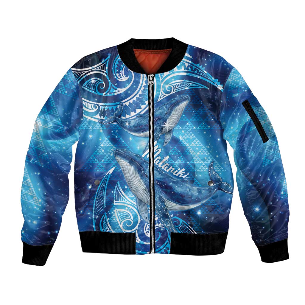 New Zealand Humpback Whale Matariki Sleeve Zip Bomber Jacket Maori New Year Taniko Niho Taniwha LT14 Unisex Blue - Polynesian Pride