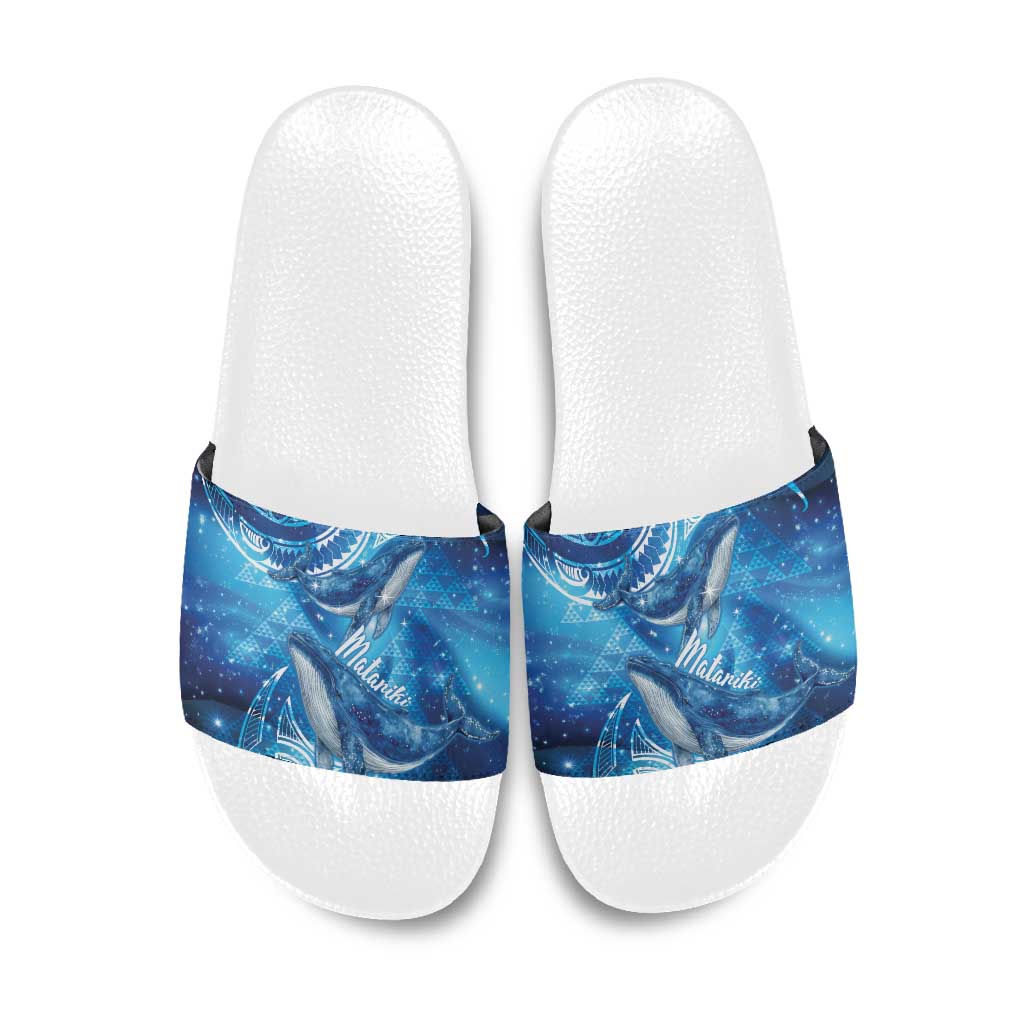 New Zealand Humpback Whale Matariki Slide Sandals Maori New Year Taniko Niho Taniwha LT14 Blue - Polynesian Pride