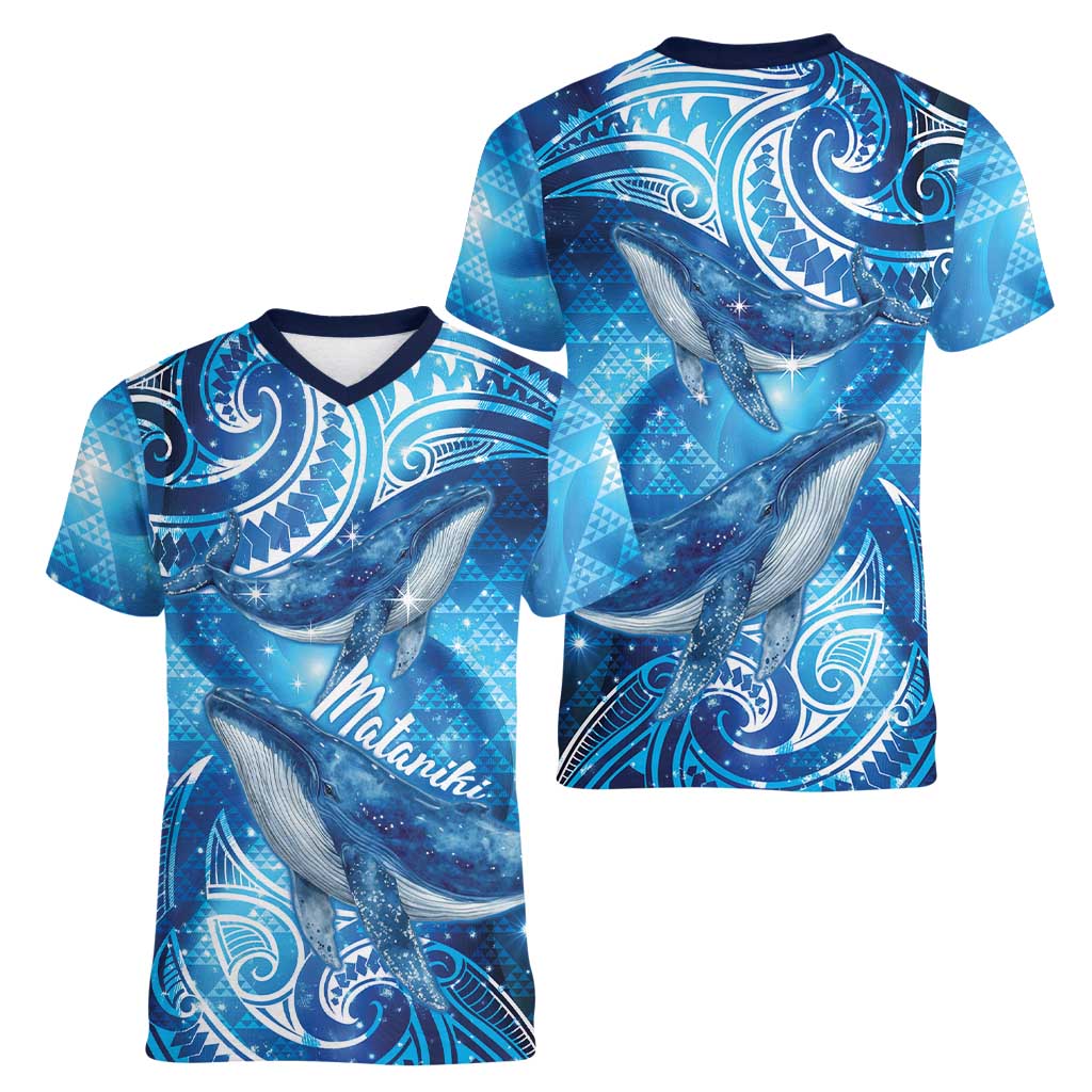 New Zealand Humpback Whale Matariki Women V-Neck T-Shirt Maori New Year Taniko Niho Taniwha