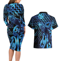 Humpback Whale Matariki New Zealand Couples Matching Long Sleeve Bodycon Dress and Hawaiian Shirt NZ Maori Paikea Poutama Luxury Blue