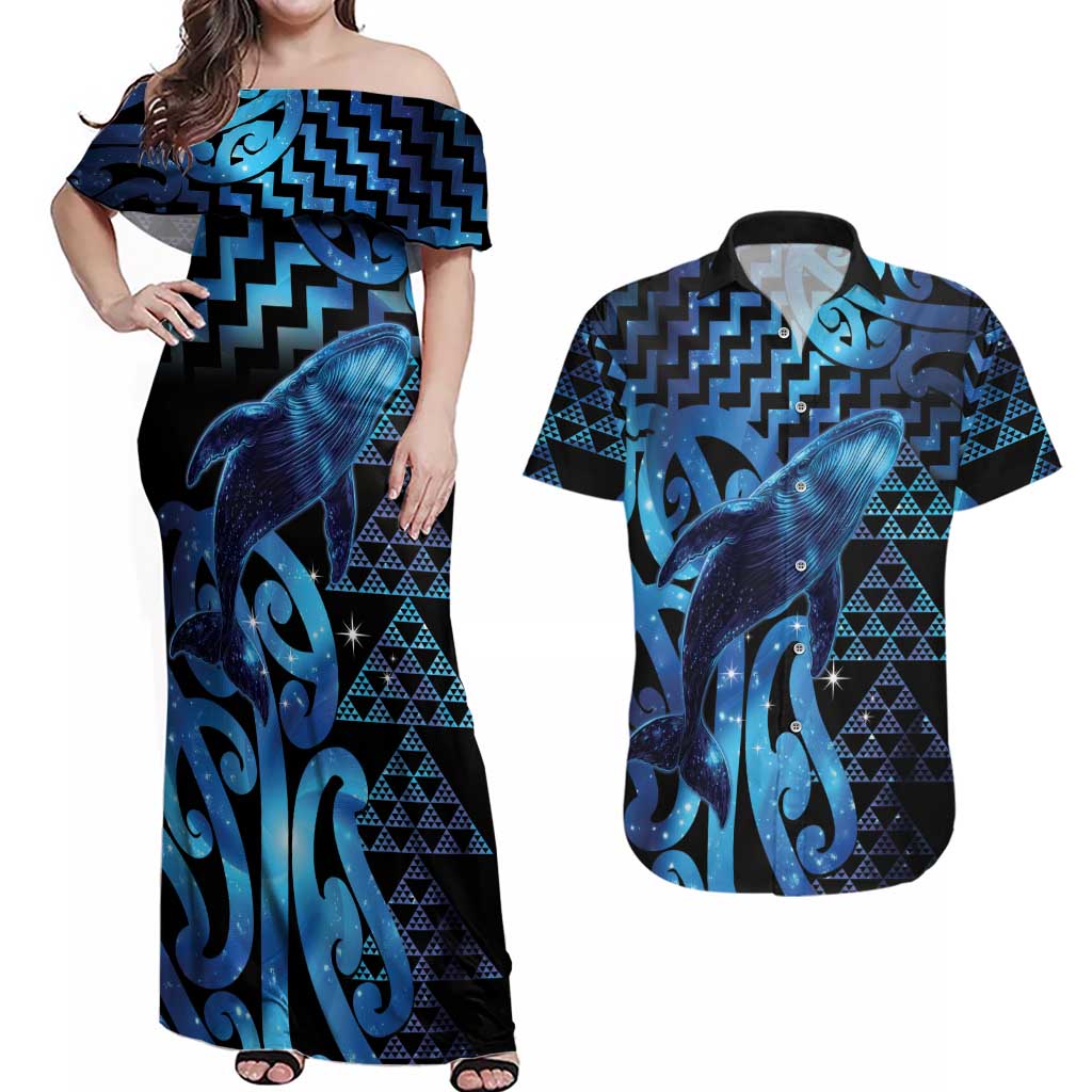 Humpback Whale Matariki New Zealand Couples Matching Off Shoulder Maxi Dress and Hawaiian Shirt NZ Maori Paikea Poutama Luxury Blue