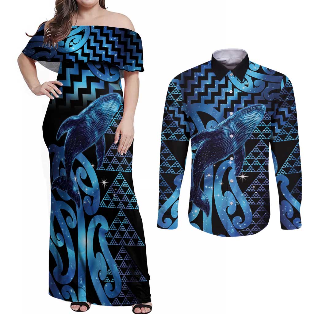 Humpback Whale Matariki New Zealand Couples Matching Off Shoulder Maxi Dress and Long Sleeve Button Shirt NZ Maori Paikea Poutama Luxury Blue LT14 Blue - Polynesian Pride