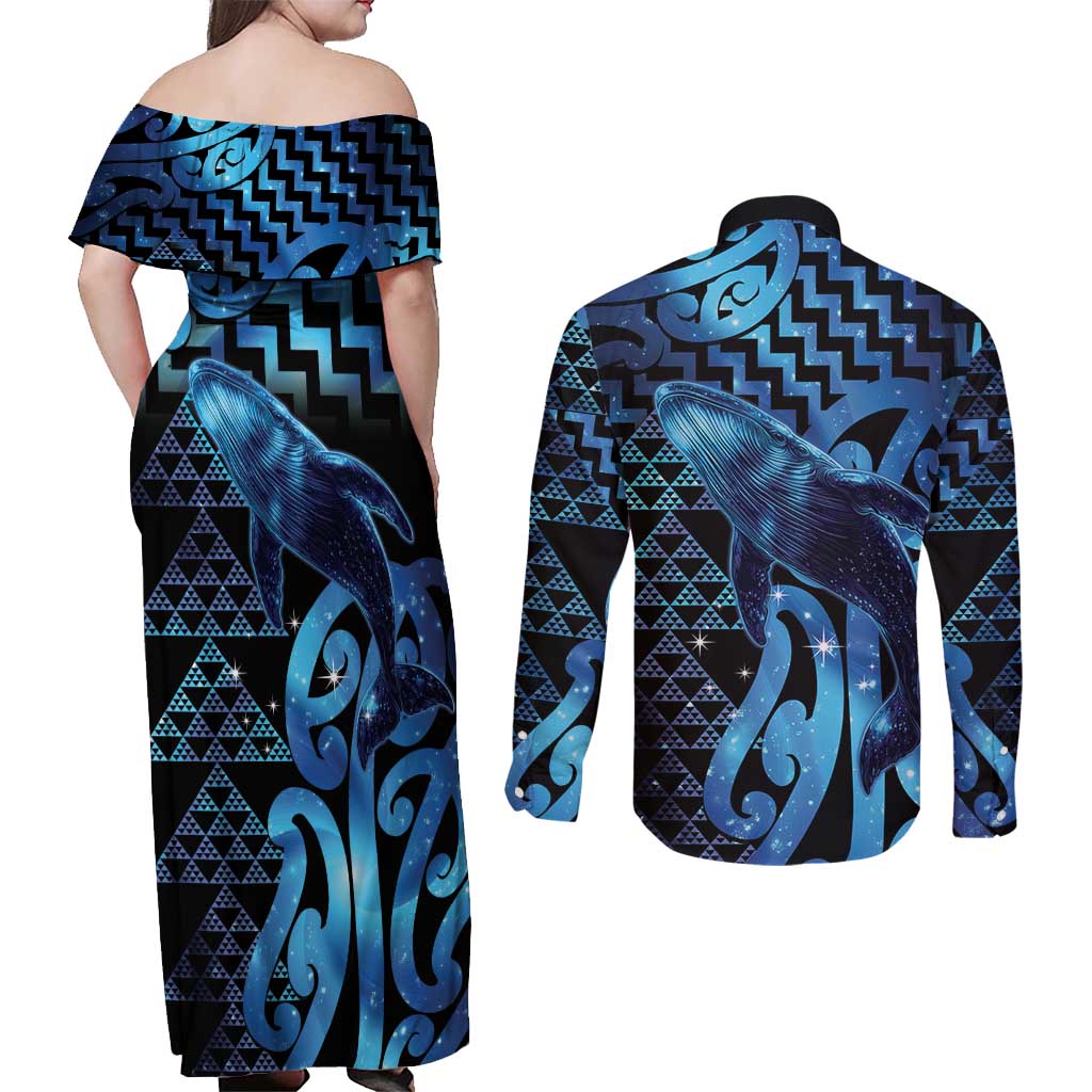 Humpback Whale Matariki New Zealand Couples Matching Off Shoulder Maxi Dress and Long Sleeve Button Shirt NZ Maori Paikea Poutama Luxury Blue LT14 - Polynesian Pride