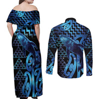 Humpback Whale Matariki New Zealand Couples Matching Off Shoulder Maxi Dress and Long Sleeve Button Shirt NZ Maori Paikea Poutama Luxury Blue LT14 - Polynesian Pride