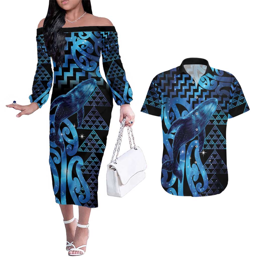 Humpback Whale Matariki New Zealand Couples Matching Off The Shoulder Long Sleeve Dress and Hawaiian Shirt NZ Maori Paikea Poutama Luxury Blue LT14 Blue - Polynesian Pride