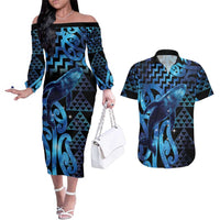 Humpback Whale Matariki New Zealand Couples Matching Off The Shoulder Long Sleeve Dress and Hawaiian Shirt NZ Maori Paikea Poutama Luxury Blue LT14 Blue - Polynesian Pride