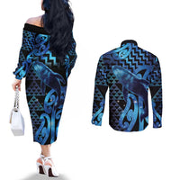Humpback Whale Matariki New Zealand Couples Matching Off The Shoulder Long Sleeve Dress and Long Sleeve Button Shirt NZ Maori Paikea Poutama Luxury Blue