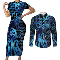 Humpback Whale Matariki New Zealand Couples Matching Short Sleeve Bodycon Dress and Long Sleeve Button Shirt NZ Maori Paikea Poutama Luxury Blue