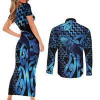 Humpback Whale Matariki New Zealand Couples Matching Short Sleeve Bodycon Dress and Long Sleeve Button Shirt NZ Maori Paikea Poutama Luxury Blue