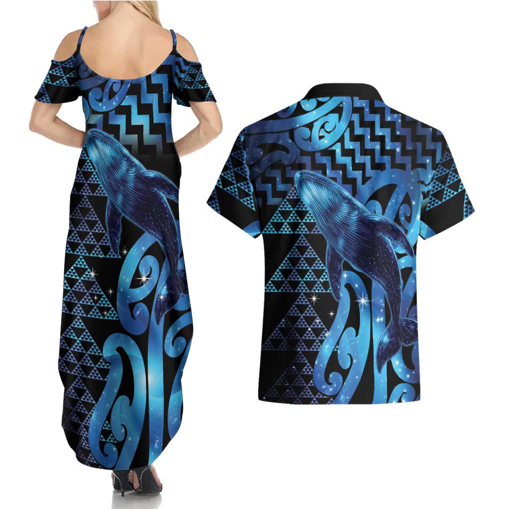 Humpback Whale Matariki New Zealand Couples Matching Summer Maxi Dress and Hawaiian Shirt NZ Maori Paikea Poutama Luxury Blue
