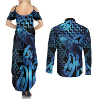 Humpback Whale Matariki New Zealand Couples Matching Summer Maxi Dress and Long Sleeve Button Shirt NZ Maori Paikea Poutama Luxury Blue