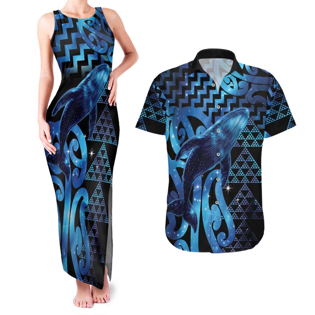 Humpback Whale Matariki New Zealand Couples Matching Tank Maxi Dress and Hawaiian Shirt NZ Maori Paikea Poutama Luxury Blue