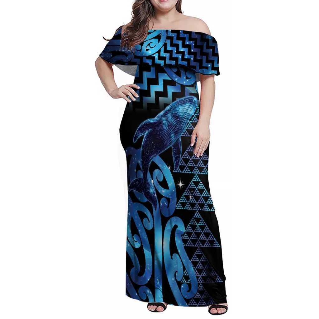 Humpback Whale Matariki New Zealand Family Matching Off Shoulder Maxi Dress and Hawaiian Shirt NZ Maori Paikea Poutama Luxury Blue