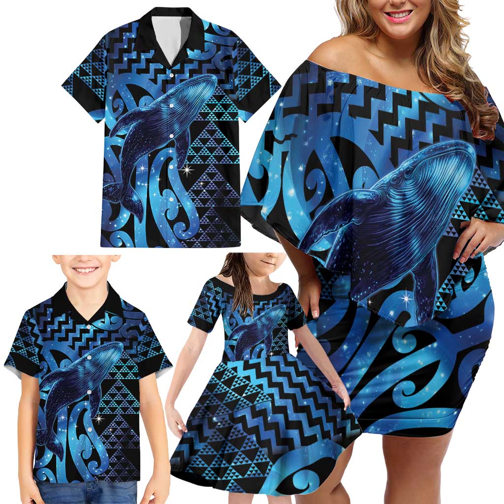 Humpback Whale Matariki New Zealand Family Matching Off Shoulder Short Dress and Hawaiian Shirt NZ Maori Paikea Poutama Luxury Blue