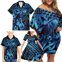 Humpback Whale Matariki New Zealand Family Matching Off Shoulder Short Dress and Hawaiian Shirt NZ Maori Paikea Poutama Luxury Blue