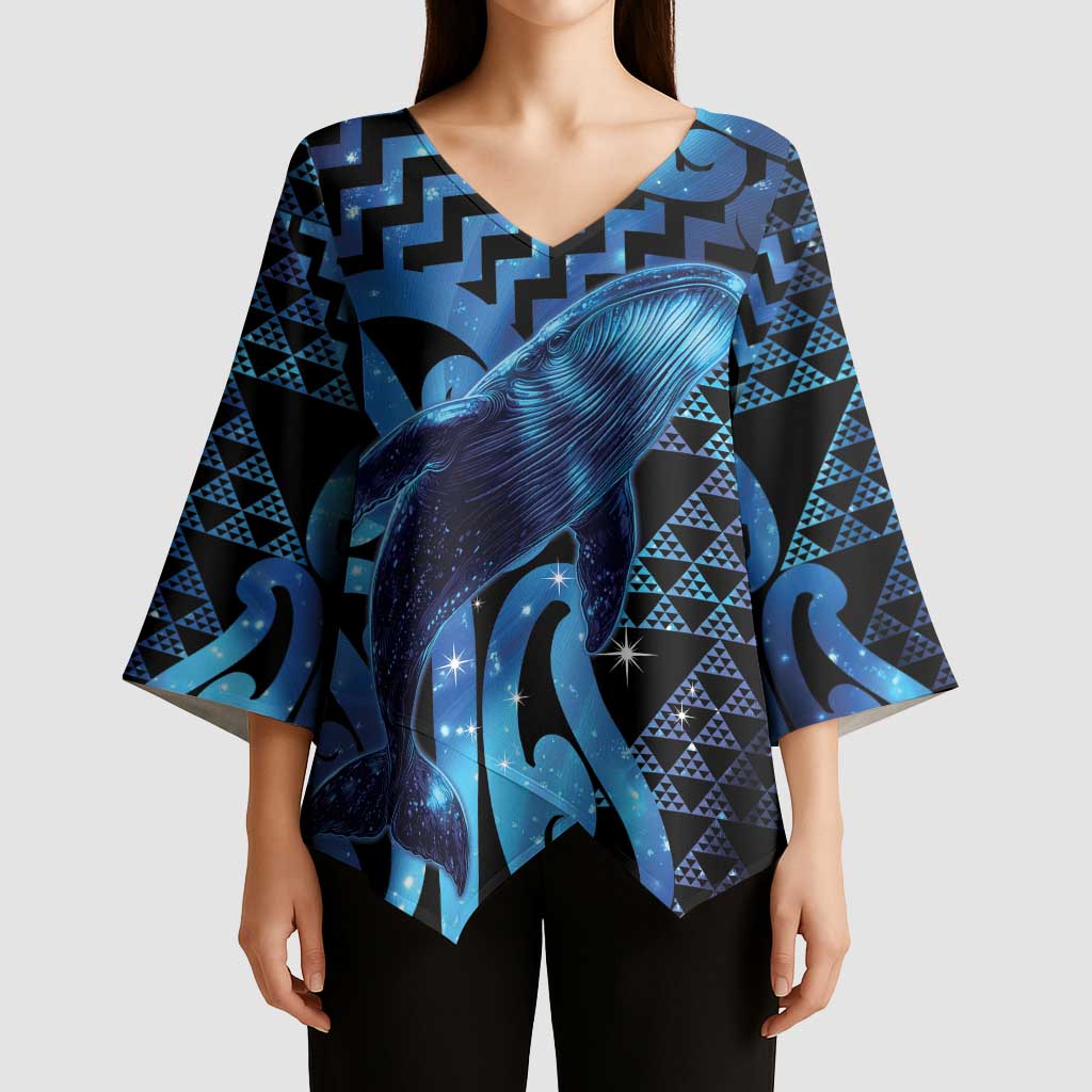 Humpback Whale Matariki New Zealand Kimono Sleeve Blouse NZ Maori Paikea Poutama Luxury Blue