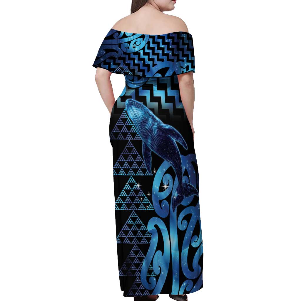 Humpback Whale Matariki New Zealand Off Shoulder Maxi Dress NZ Maori Paikea Poutama Luxury Blue