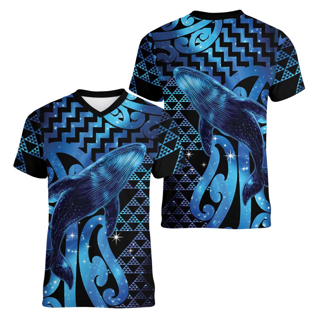 Humpback Whale Matariki New Zealand Women V-Neck T-Shirt NZ Maori Paikea Poutama Luxury Blue LT14 - Polynesian Pride