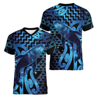 Humpback Whale Matariki New Zealand Women V-Neck T-Shirt NZ Maori Paikea Poutama Luxury Blue LT14 - Polynesian Pride
