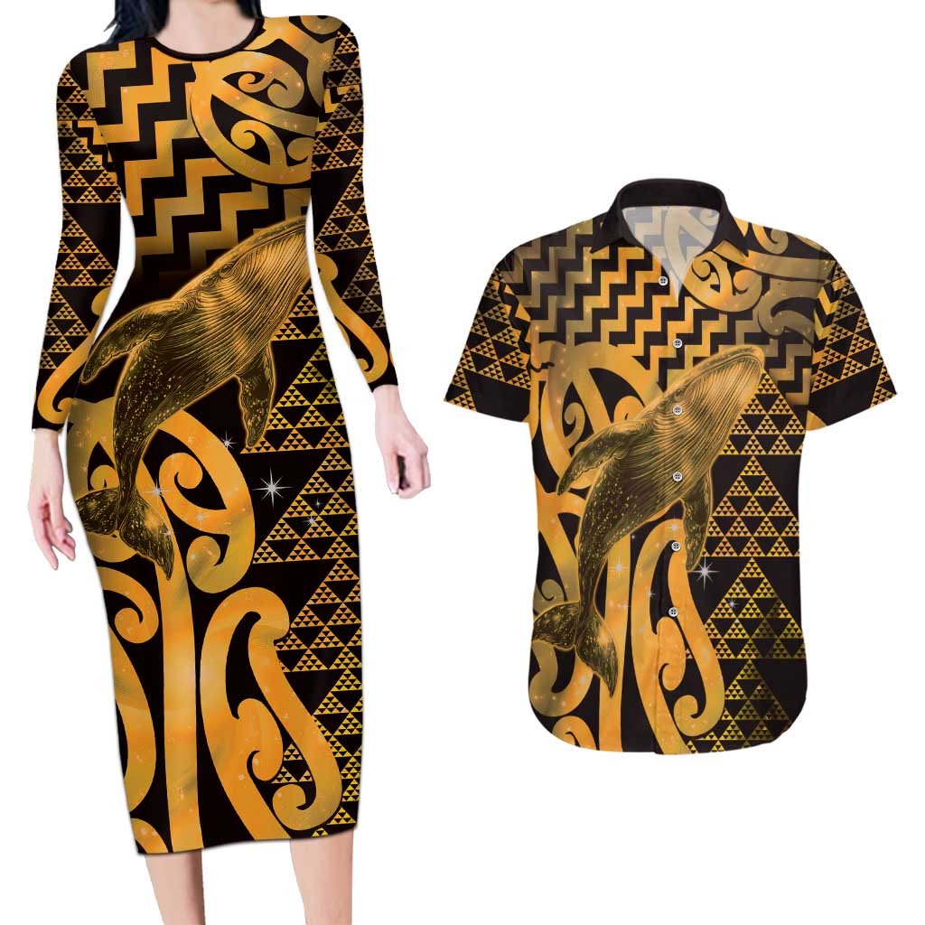 Humpback Whale Matariki New Zealand Couples Matching Long Sleeve Bodycon Dress and Hawaiian Shirt NZ Maori Paikea Poutama Luxury Gold