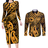 Humpback Whale Matariki New Zealand Couples Matching Long Sleeve Bodycon Dress and Long Sleeve Button Shirt NZ Maori Paikea Poutama Luxury Gold