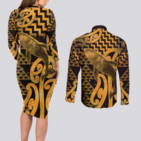 Humpback Whale Matariki New Zealand Couples Matching Long Sleeve Bodycon Dress and Long Sleeve Button Shirt NZ Maori Paikea Poutama Luxury Gold