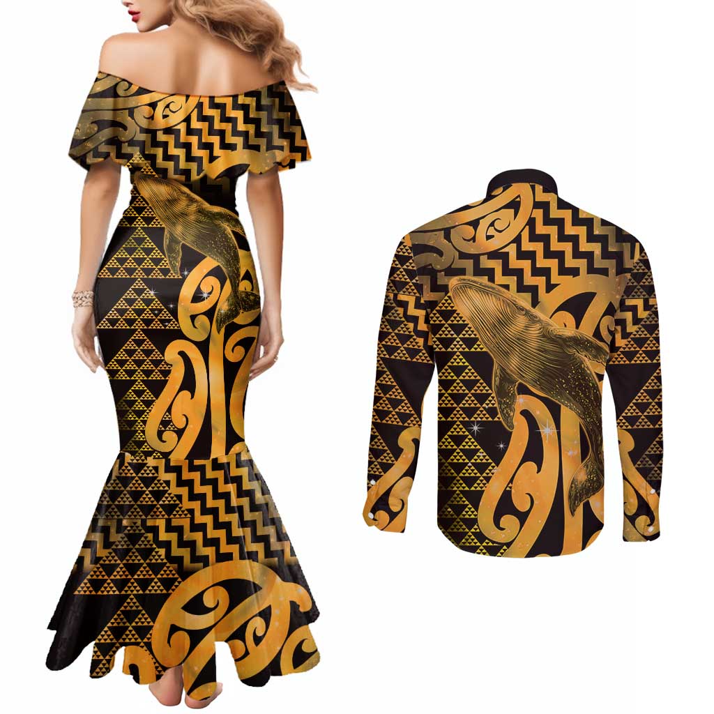 Humpback Whale Matariki New Zealand Couples Matching Mermaid Dress and Long Sleeve Button Shirt NZ Maori Paikea Poutama Luxury Gold