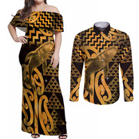 Humpback Whale Matariki New Zealand Couples Matching Off Shoulder Maxi Dress and Long Sleeve Button Shirt NZ Maori Paikea Poutama Luxury Gold