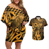 Humpback Whale Matariki New Zealand Couples Matching Off Shoulder Short Dress and Hawaiian Shirt NZ Maori Paikea Poutama Luxury Gold