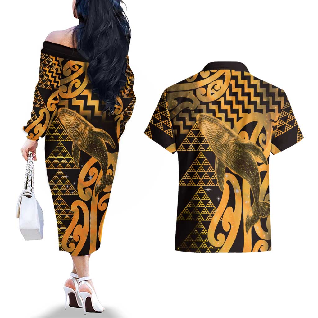 Humpback Whale Matariki New Zealand Couples Matching Off The Shoulder Long Sleeve Dress and Hawaiian Shirt NZ Maori Paikea Poutama Luxury Gold