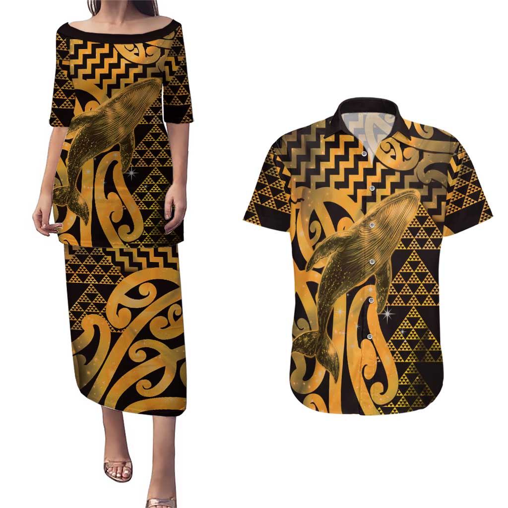 Humpback Whale Matariki New Zealand Couples Matching Puletasi and Hawaiian Shirt NZ Maori Paikea Poutama Luxury Gold