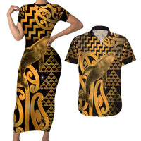 Humpback Whale Matariki New Zealand Couples Matching Short Sleeve Bodycon Dress and Hawaiian Shirt NZ Maori Paikea Poutama Luxury Gold