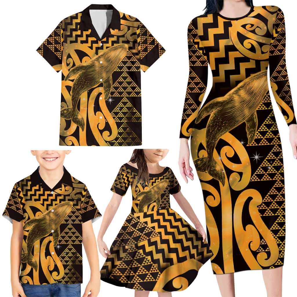 Humpback Whale Matariki New Zealand Family Matching Long Sleeve Bodycon Dress and Hawaiian Shirt NZ Maori Paikea Poutama Luxury Gold