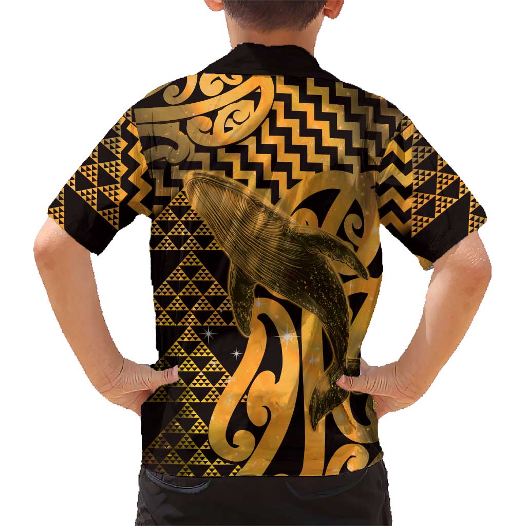 Humpback Whale Matariki New Zealand Family Matching Off Shoulder Short Dress and Hawaiian Shirt NZ Maori Paikea Poutama Luxury Gold LT14 - Polynesian Pride