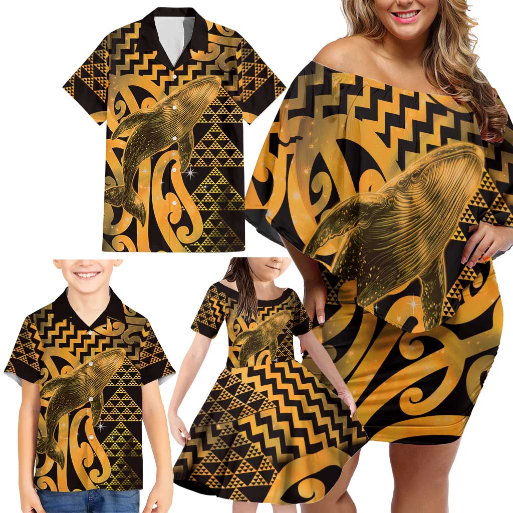 Humpback Whale Matariki New Zealand Family Matching Off Shoulder Short Dress and Hawaiian Shirt NZ Maori Paikea Poutama Luxury Gold LT14 - Polynesian Pride