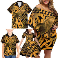 Humpback Whale Matariki New Zealand Family Matching Off Shoulder Short Dress and Hawaiian Shirt NZ Maori Paikea Poutama Luxury Gold LT14 - Polynesian Pride