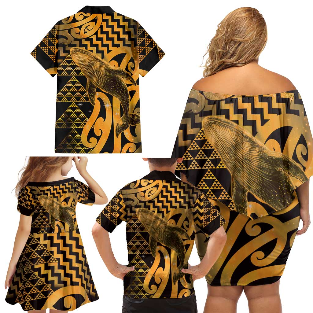 Humpback Whale Matariki New Zealand Family Matching Off Shoulder Short Dress and Hawaiian Shirt NZ Maori Paikea Poutama Luxury Gold LT14 - Polynesian Pride