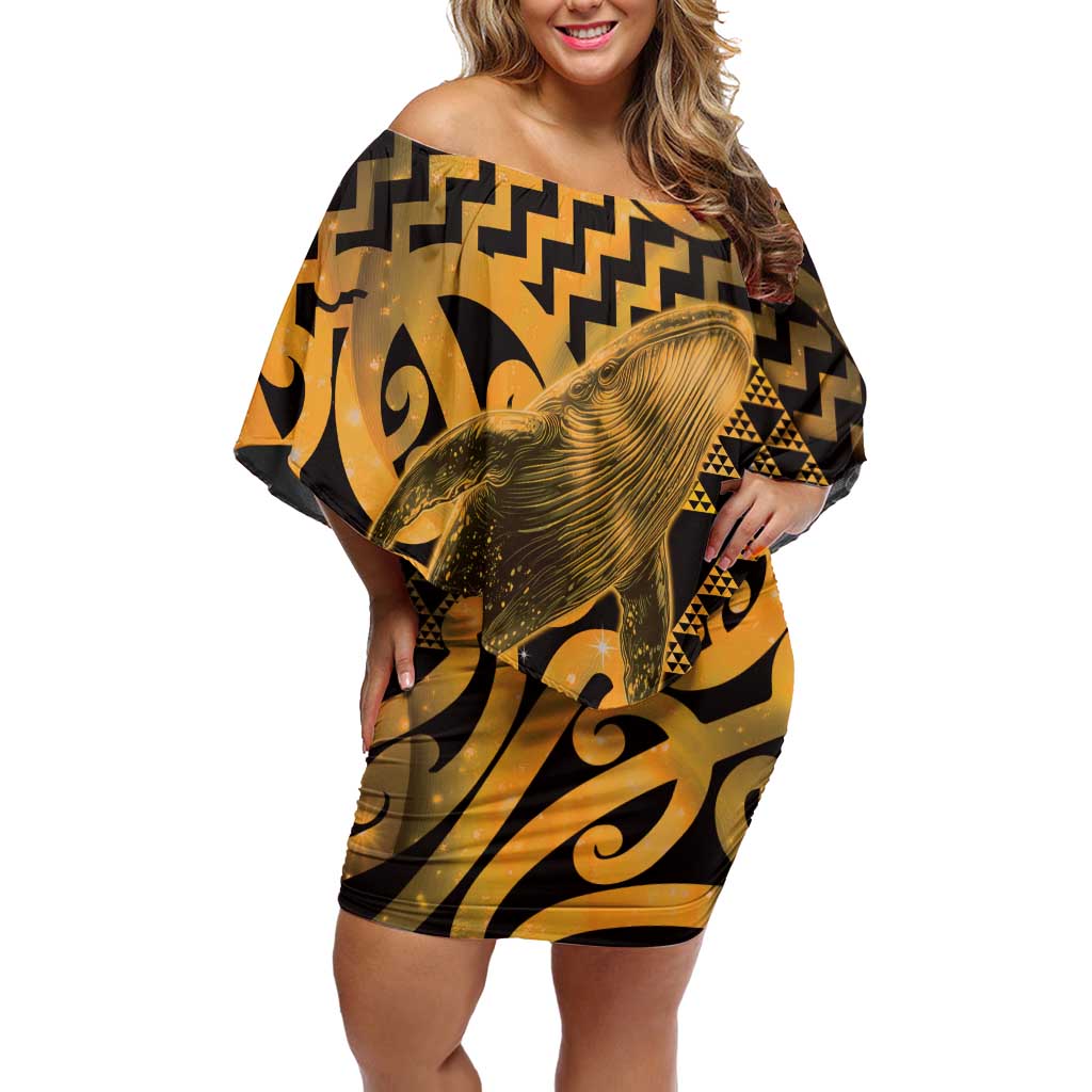 Humpback Whale Matariki New Zealand Family Matching Off Shoulder Short Dress and Hawaiian Shirt NZ Maori Paikea Poutama Luxury Gold LT14 Mom's Dress Gold - Polynesian Pride