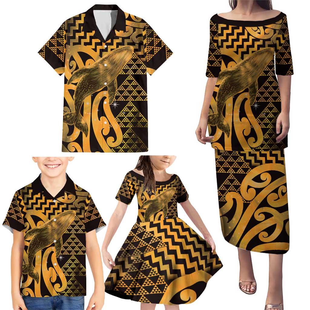 Humpback Whale Matariki New Zealand Family Matching Puletasi and Hawaiian Shirt NZ Maori Paikea Poutama Luxury Gold