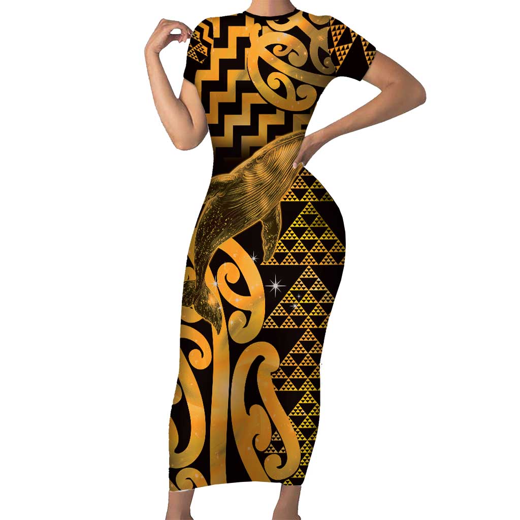 Humpback Whale Matariki New Zealand Family Matching Short Sleeve Bodycon Dress and Hawaiian Shirt NZ Maori Paikea Poutama Luxury Gold