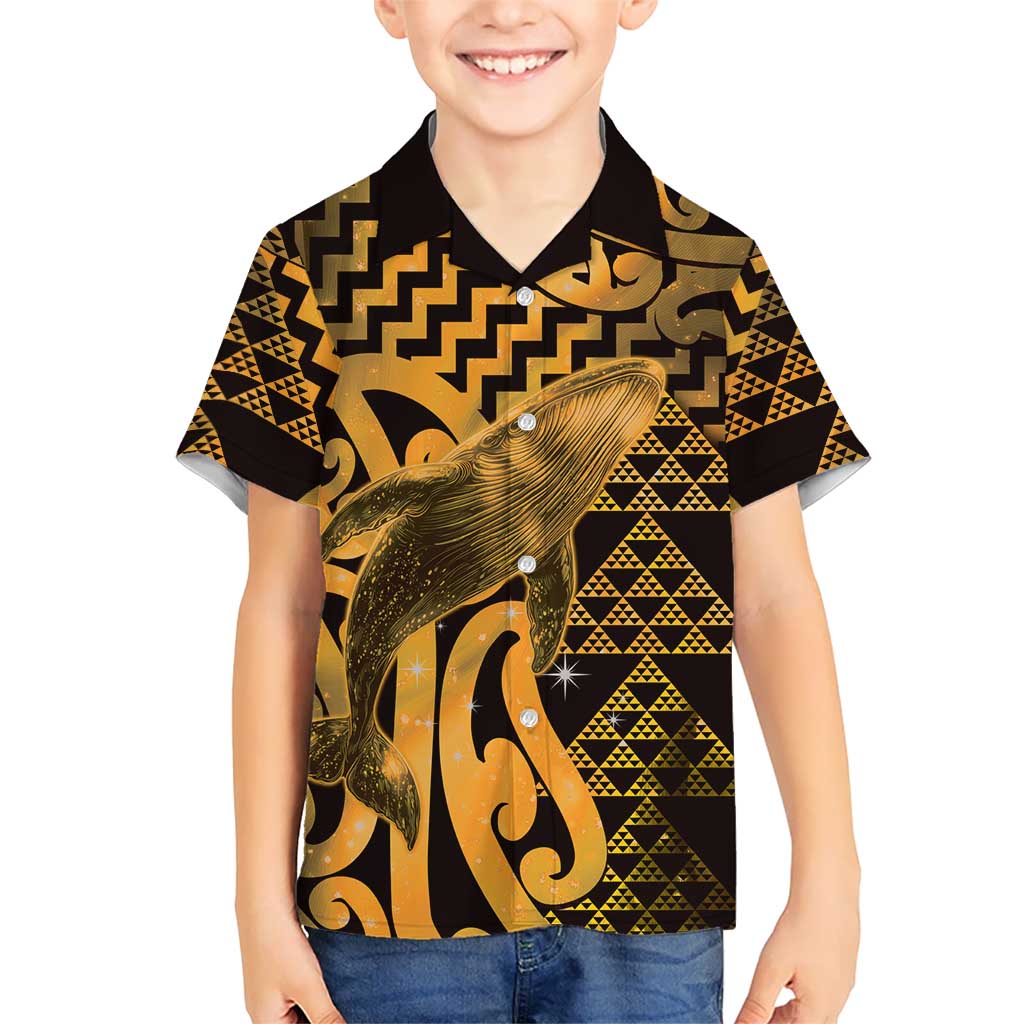Humpback Whale Matariki New Zealand Family Matching Tank Maxi Dress and Hawaiian Shirt NZ Maori Paikea Poutama Luxury Gold LT14 Son's Shirt Gold - Polynesian Pride