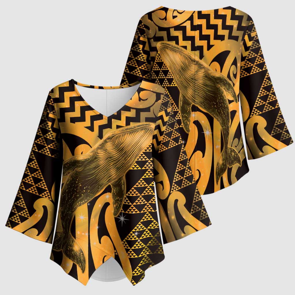 Humpback Whale Matariki New Zealand Kimono Sleeve Blouse NZ Maori Paikea Poutama Luxury Gold