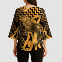 Humpback Whale Matariki New Zealand Kimono Sleeve Blouse NZ Maori Paikea Poutama Luxury Gold