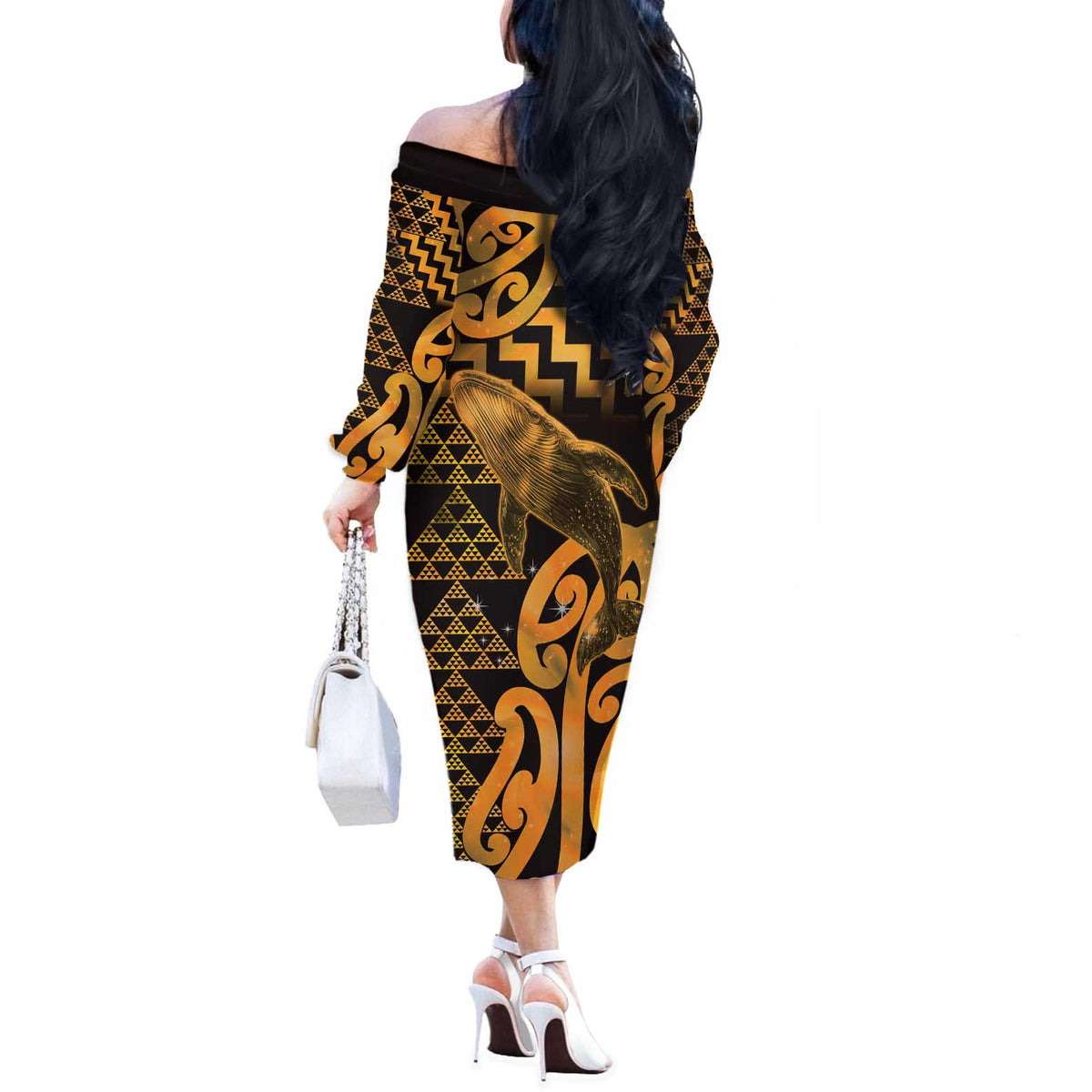 Humpback Whale Matariki New Zealand Off The Shoulder Long Sleeve Dress NZ Maori Paikea Poutama Luxury Gold
